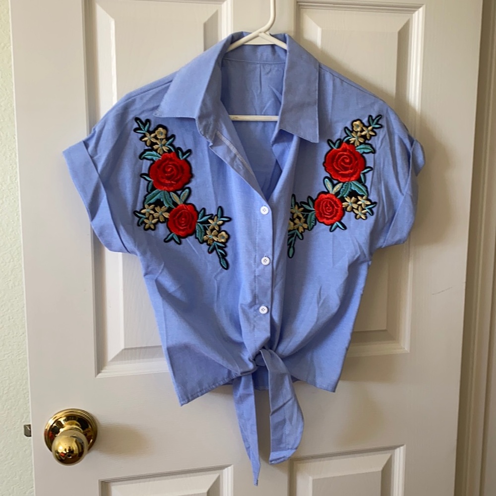 Blue front tie shirt
